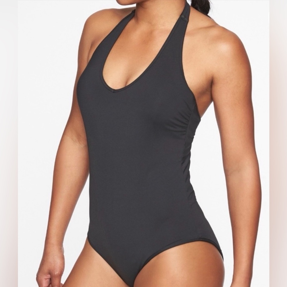 NWT Athleta Plunge Halter One Piece Swim Suit Black Medium